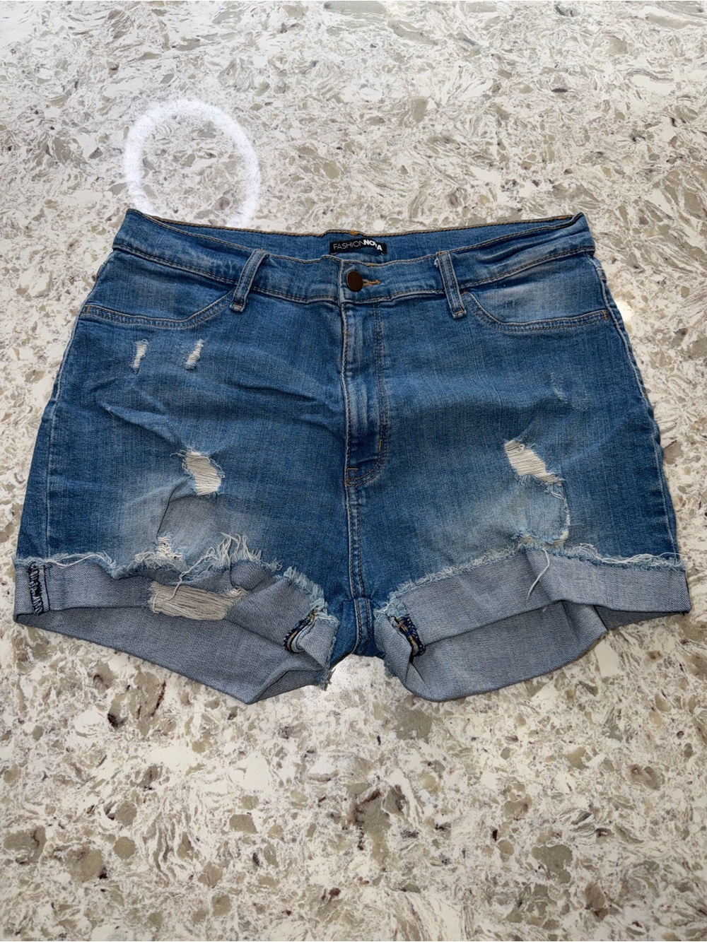 Fashion Nova Distressed Medium Blue Rolled Hem Jean Shorts